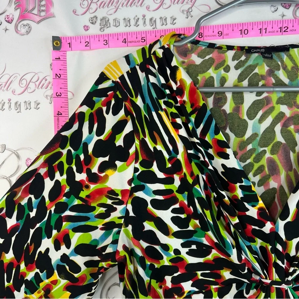 Chaus shirt blouse spotted dots Multicolor V-Neck Twist Front Long Sleeve Top - Picture 4 of 11